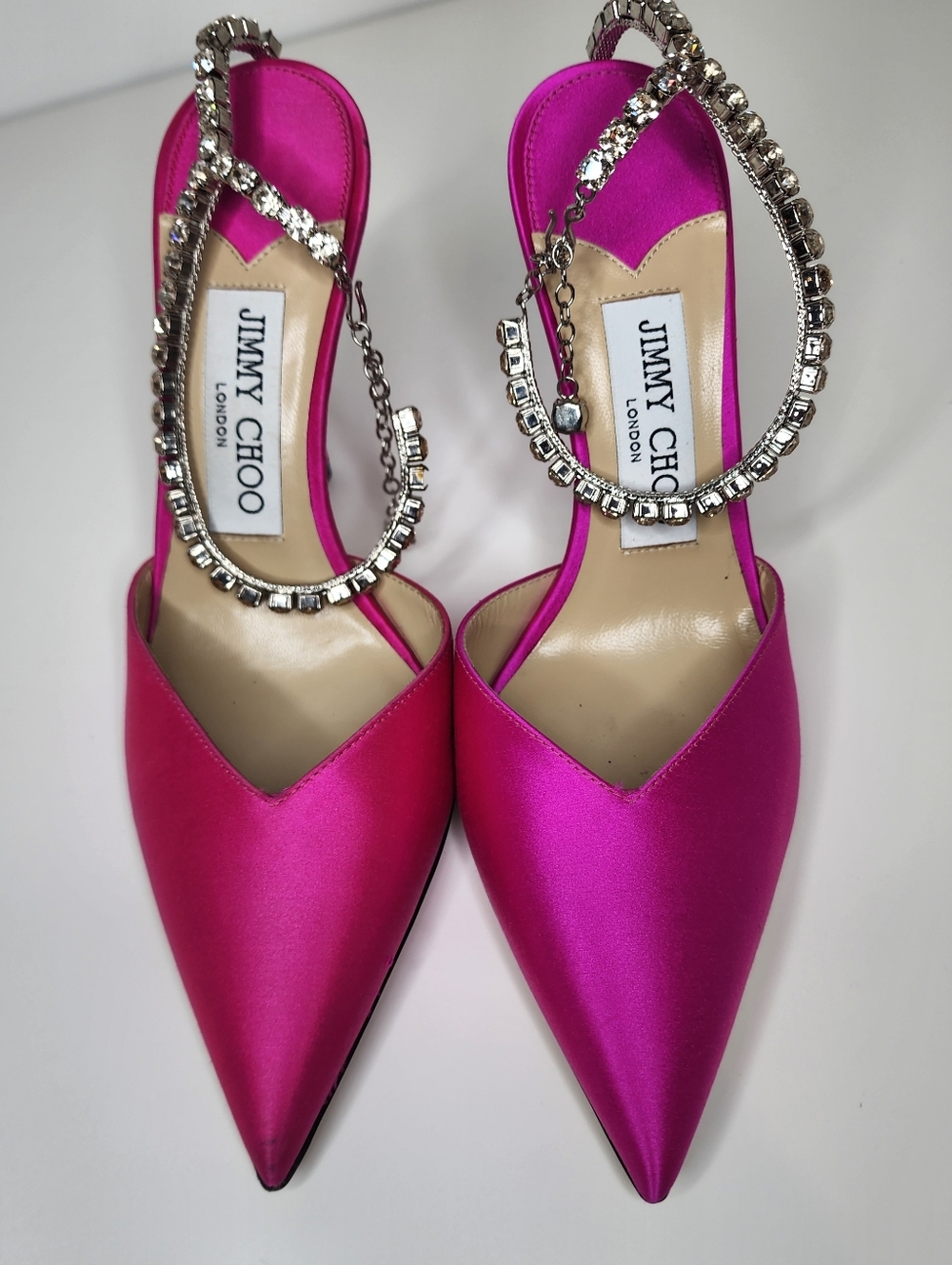 Jimmy Choo Saeda Fuchsia Satin Pointed-Toe Mule with Crystal Strap Size 36